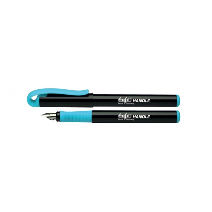 Penna stilografica con inchiostro cancellabile, con apposito pennino, con fusto nero e grip azzurra Buffetti