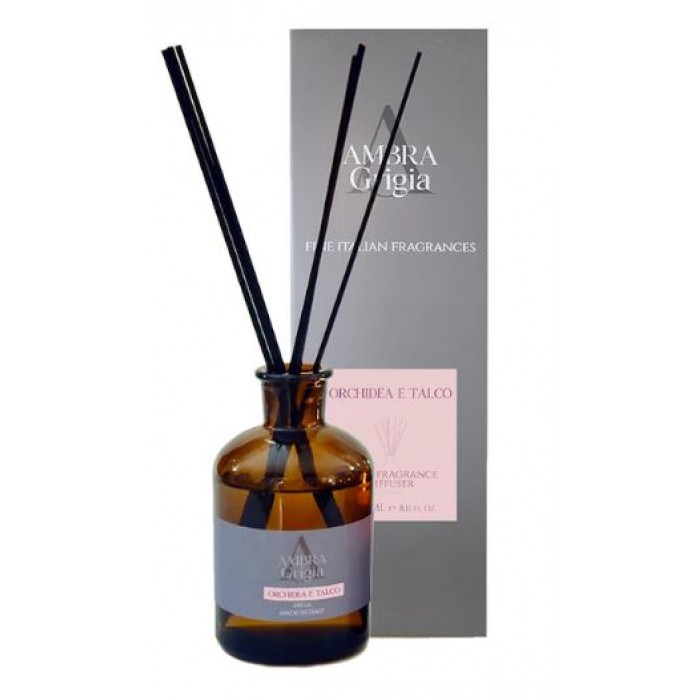 Diffusore di profumo per ambiente Ambra Grigia Made in Italy  240ml con bastoncini in fibra fragranza Orchidea e Talco 