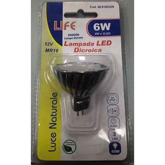 LAMPADA LED A RISPARMIO ENERGETICO LIFE!DICROICA LUCE NATURALE 6W PARI A 40W!12V